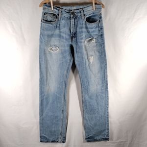 American Eagle Straight Jeans Mens Sz 29x32 Mid Rise Distressed Light Blue Wash